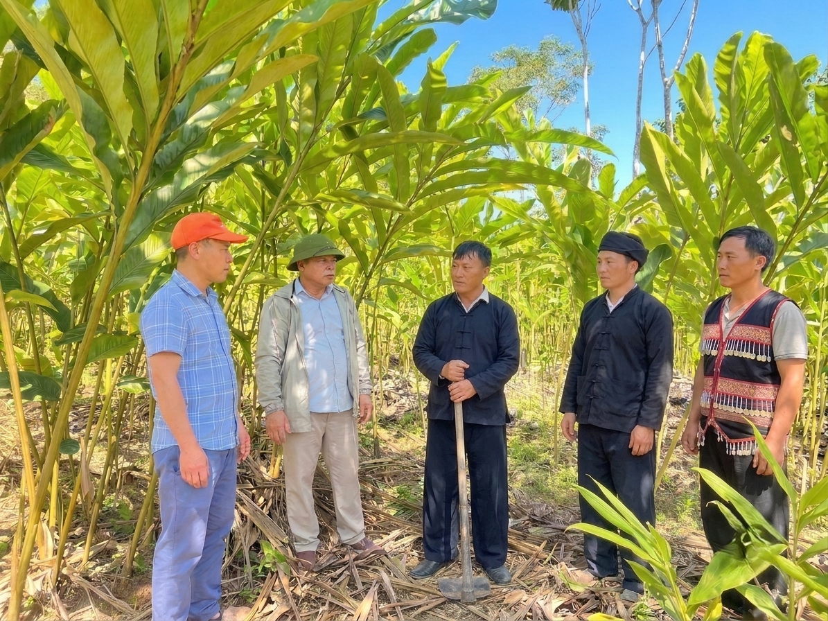 Người dân trong vùng đến tham quan, học tập kinh nghiệm tạ vườn bo bo nhà ông Xồng Nỏ Pó (bản Phá Lỏm)