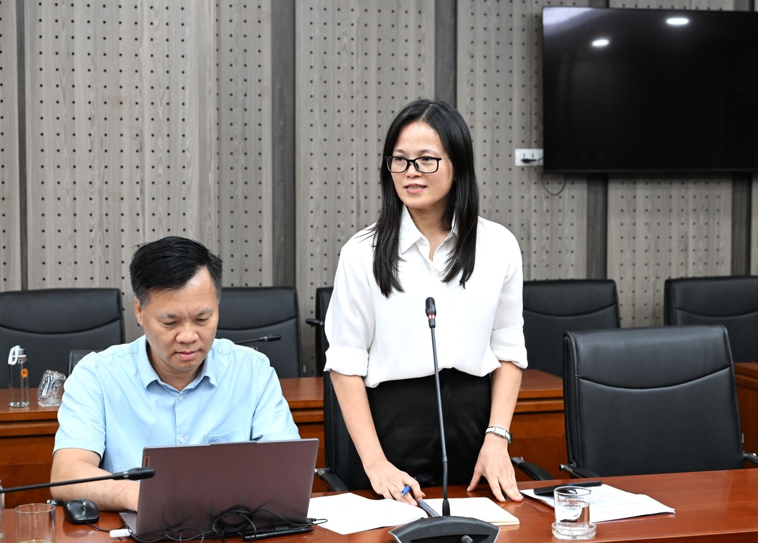 Bà Nguyễn Thị Ánh, Phó Vụ trưởng Vụ Tuyên truyền, Ban Tuyên giáo Trung ương phát biểu tại cuộc họp