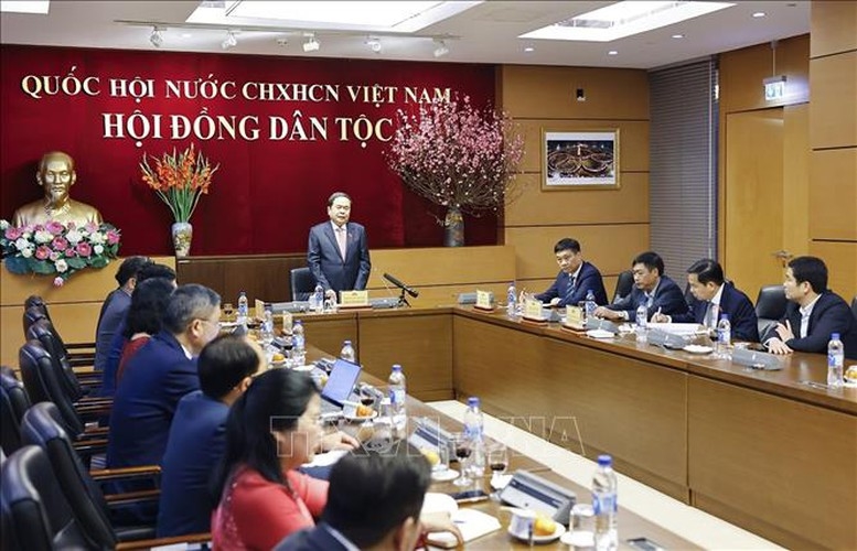 Chủ tịch Quốc hội Trần Thanh Mẫn thăm, làm việc với Hội đồng Dân tộc về các nhiệm vụ trọng tâm trong năm 2026 - Ảnh: TTXVN