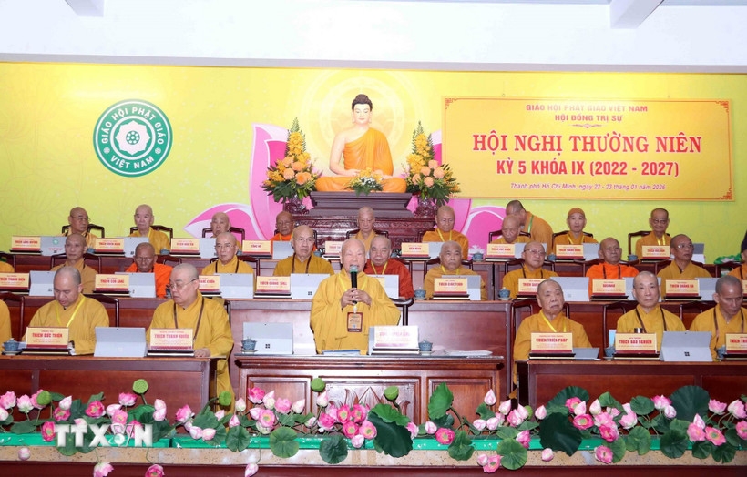 Các chư Tôn đức giáo phẩm lãnh đạo Hội đồng Chứng minh, Hội đồng Trị sự Giáo hội Phật giáo Việt Nam dự Hội nghị thường niên Hội đồng Trị sự kỳ V, khóa IX (2022-2027) tổng kết công tác Phật sự năm 2025 và triển khai nhiệm vụ trọng tâm năm 2026 tại Thành phố Hồ Chí Minh (Ảnh: Xuân Thu/TTXVN)