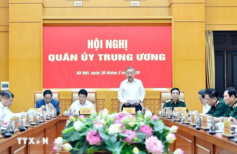 Tổng Bí thư Tô Lâm, Bí thư Quân ủy Trung ương phát biểu. (Ảnh: TTXVN phát)