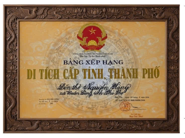 Bằng xếp hạng di tích cấp tỉnh, thành phố Đền thờ Nguyễn Hãng, xã Xuân Lũng, tỉnh Phú Thọ