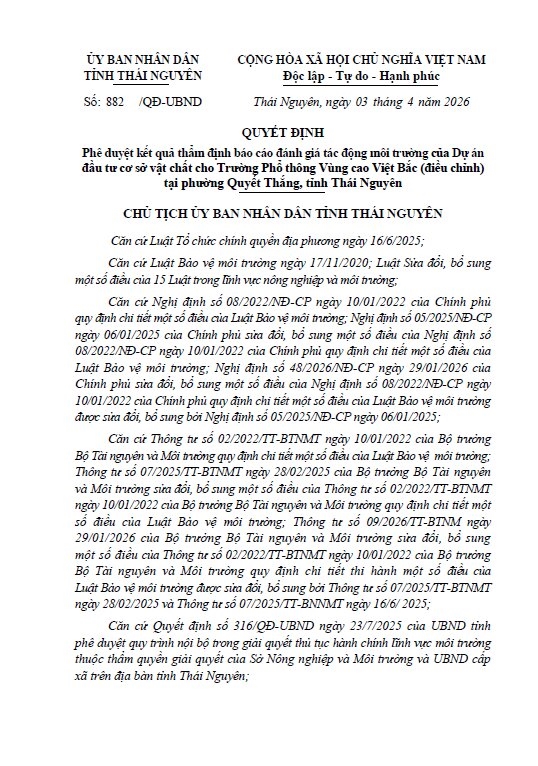 Quyết định Phê duyệt kết quả thẩm định báo cáo đánh giá tác động môi trường của Dự án đầu tư cơ sở vật chất cho Trường Phổ thông Vùng cao Việt Bắc (điều chỉnh) tại phường Quyết Thắng, tỉnh Thái Nguyên