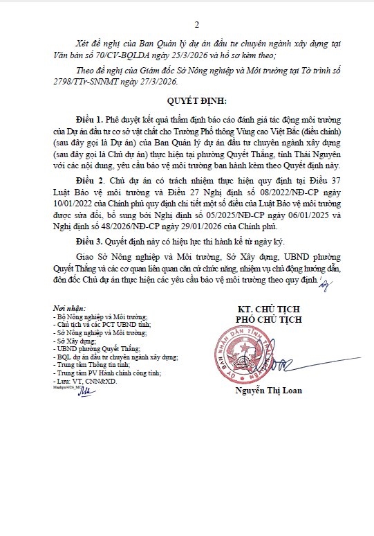 Quyết định Phê duyệt kết quả thẩm định báo cáo đánh giá tác động môi trường của Dự án đầu tư cơ sở vật chất cho Trường Phổ thông Vùng cao Việt Bắc (điều chỉnh) tại phường Quyết Thắng, tỉnh Thái Nguyên 1