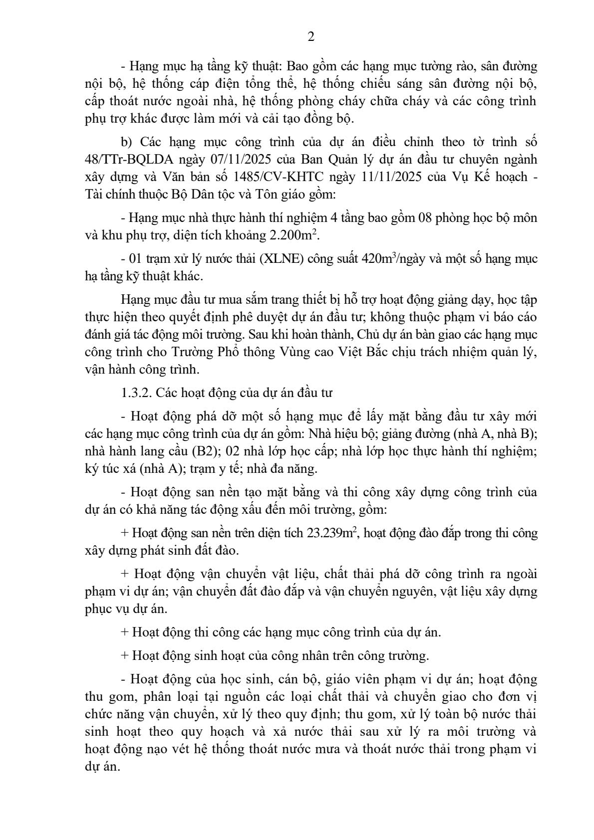 Quyết định Phê duyệt kết quả thẩm định báo cáo đánh giá tác động môi trường của Dự án đầu tư cơ sở vật chất cho Trường Phổ thông Vùng cao Việt Bắc (điều chỉnh) tại phường Quyết Thắng, tỉnh Thái Nguyên 3