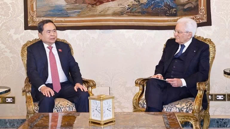 Chủ tịch Quốc hội Trần Thanh Mẫn hội kiến Tổng thống Italia Sergio Mattarella. (Ảnh: TTXVN)