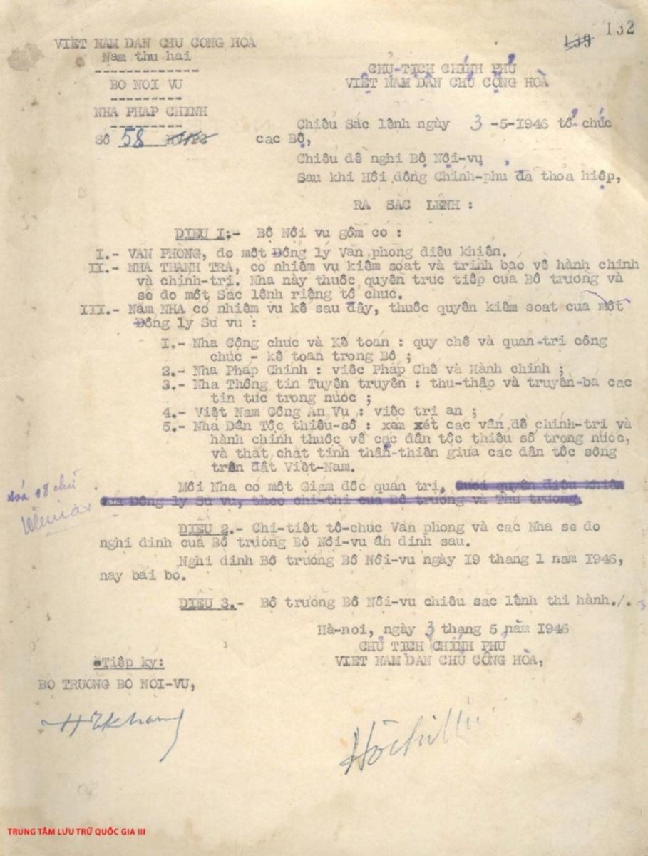 Sắc lệnh số 58 ngày 03/5/1946 thành lập Bộ Nội vụ do Chủ tịch Chính phủ Việt Nam Dân chủ Cộng hòa ban hành. Trong cơ cấu Bộ Nội vụ có Nha Dân tộc thiểu số - tiền thân của cơ quan công tác dân tộc ngày nay (Ảnh Tạp chí Tổ chức nhà nước và Lao động)
