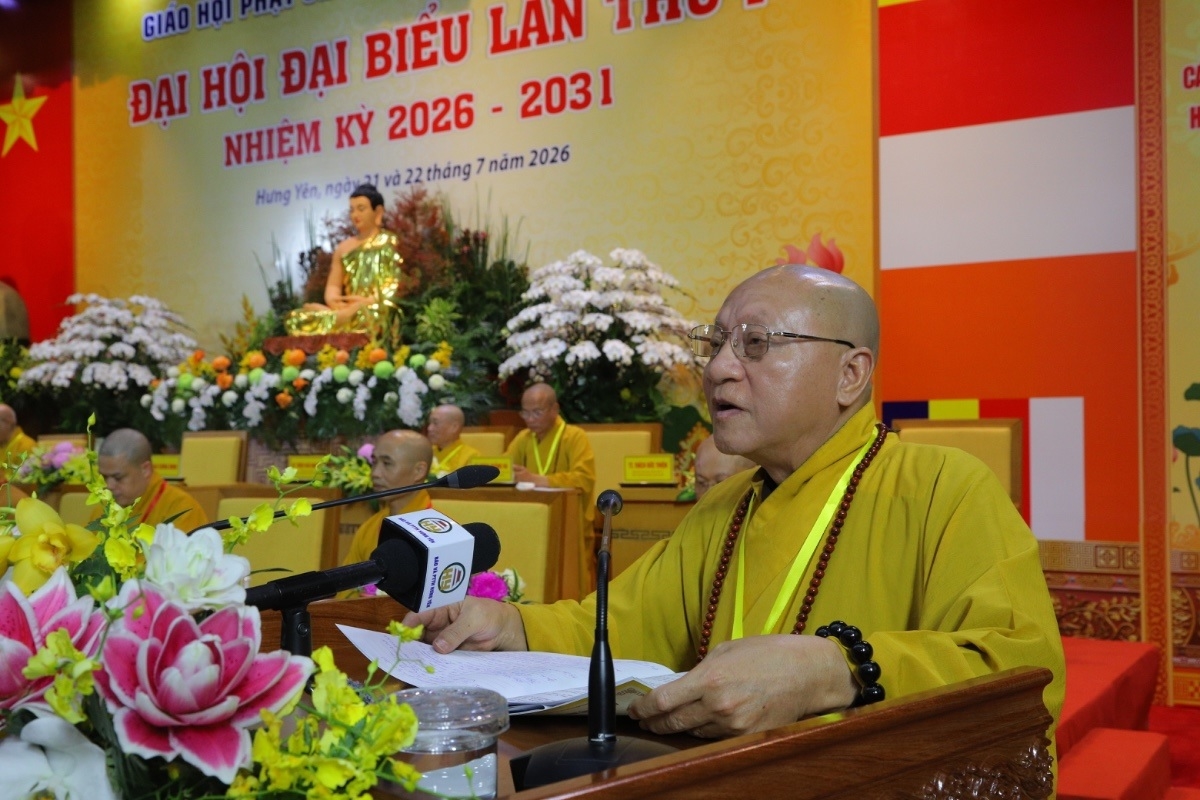 Hòa thượng Thích Gia Quang, Phó Chủ tịch Hội đồng Trị sự, Trưởng ban Thông tin Truyền thông Trung ương Giáo hội Phật giáo Việt Nam phát biểu chỉ đạo Đại hội