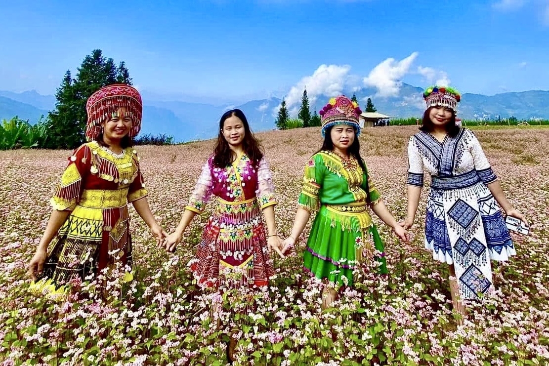 Du khách khoác lên mình trang phục truyền thống của đồng bào dân tộc thiểu số, trải nghiệm chụp ảnh giữa cánh đồng hoa tam giác mạch tại Suôi Thầu (xã Pà Vầy Sủ, tỉnh Tuyên Quang)