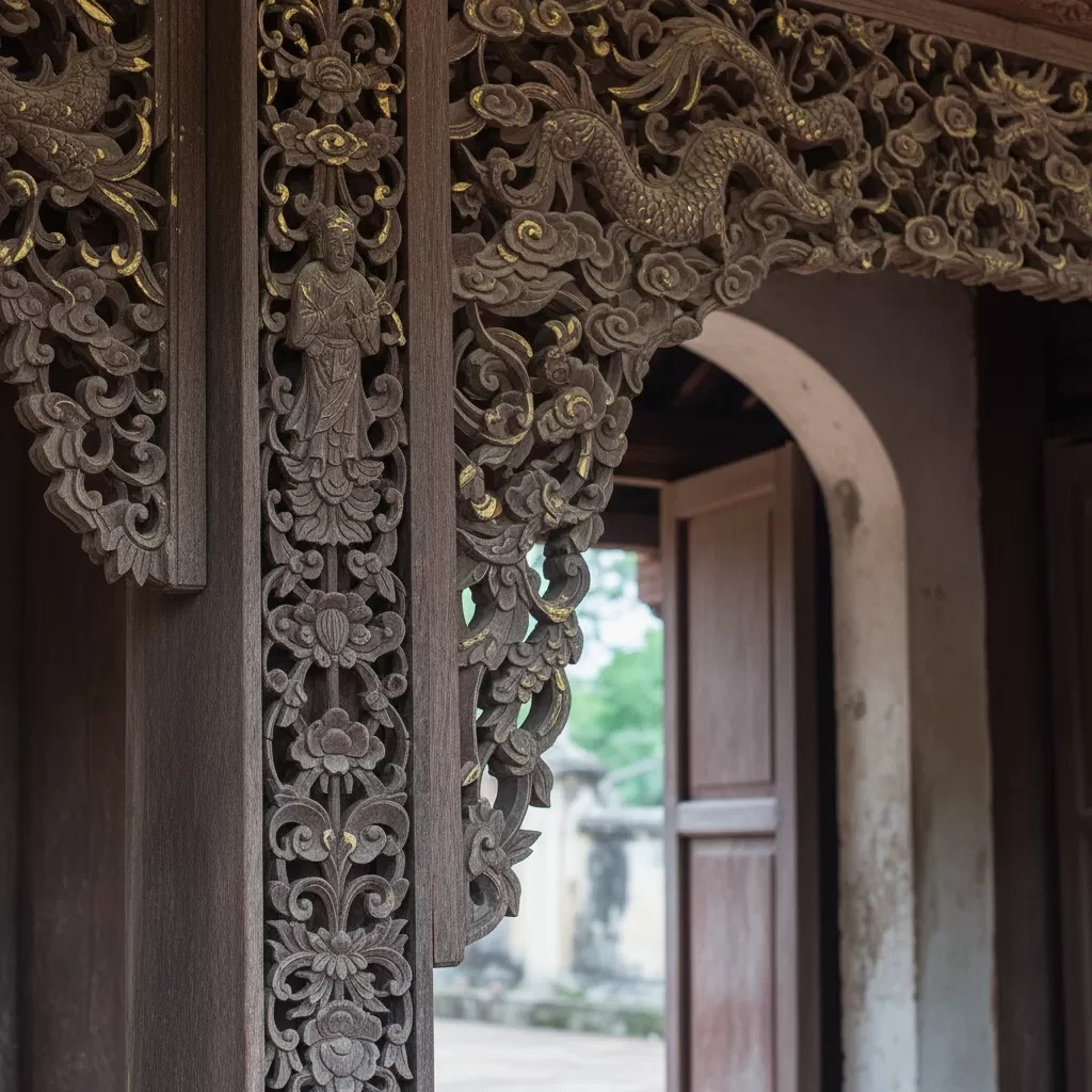 Nghệ thuật chạm khắc tại đình vô cùng tinh xảo, thể hiện qua các mảng chạm trổ trên các đầu dư, bẩy hiên và cửa võng