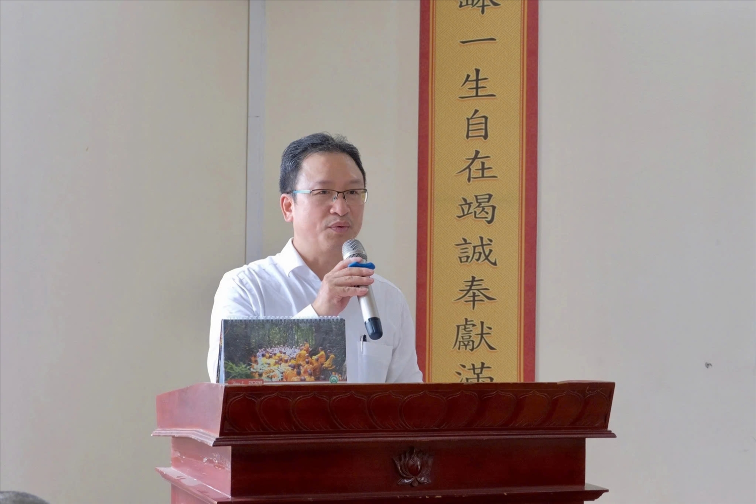 TS. Nguyễn Văn Thanh, Trưởng ban Dân tộc, Tôn giáo, Ủy ban Trung ương Mặt trận Tổ quốc Việt Nam truyền đạt các chuyên đề tại lớp tuyên truyền