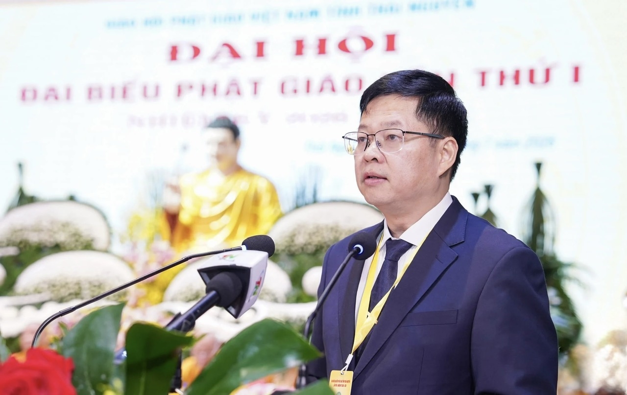 Phó Bí thư Tỉnh ủy, Chủ tịch Ủy ban MTTQ tỉnh Đinh Quang Tuyên phát biểu tại Đại hội