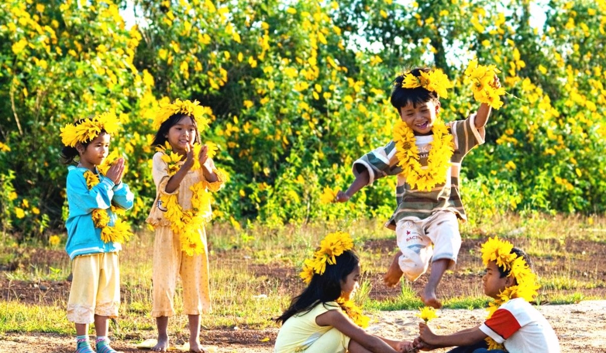 Trẻ em trong làng nô đùa cùng những bông hoa dã quỳ