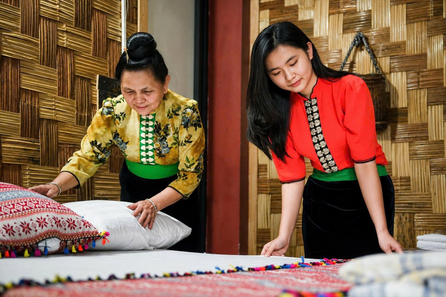 Không gian phòng nghỉ được bài trí bằng họa tiết, vật dụng mang bản sắc văn hóa Thái, tạo điểm nhấn riêng cho homestay ở phường Mường Thanh, tỉnh Điện Biên