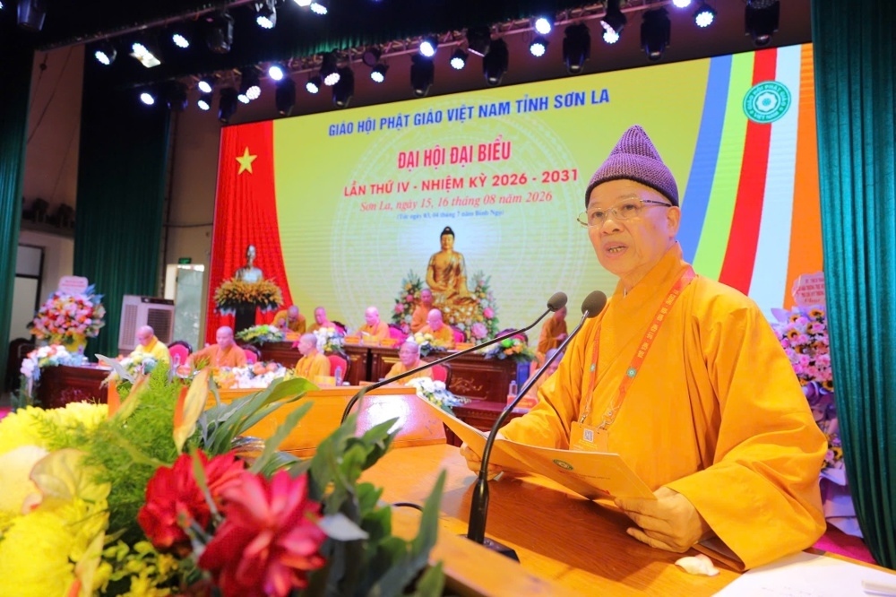 Hòa thượng Thích Thanh Quyết, Phó Chủ tịch Hội đồng Trị sự Trung ương Giáo hội Phật giáo Việt Nam, Trưởng Ban Trị sự Giáo hội Phật giáo Việt Nam tỉnh Sơn La nhiệm kỳ III, Trưởng ban Tổ chức Đại hội phát biểu tại Đại hội