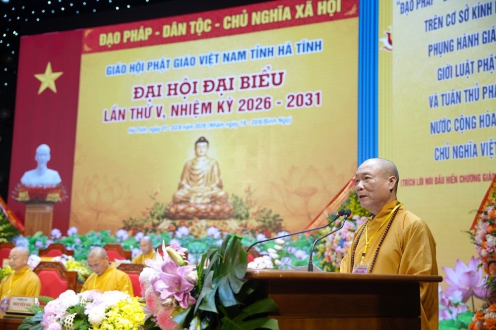 Hòa thượng Thích Bảo Nghiêm - Trưởng ban Trị sự Giáo hội Phật giáo Việt Nam tỉnh Hà Tĩnh, Trưởng ban Tổ chức Đại hội phát biểu tại Đại hội