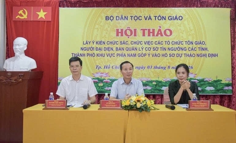 Hội thảo lấy ý kiến chức sắc, chức việc các tổ chức tôn giáo, người đại diện, ban quản lý cơ sở tín ngưỡng các tỉnh, thành phố khu vực phía Nam góp ý vào hồ sơ dự thảo Nghị định quy định chi tiết một số điều và biện pháp để tổ chức, hướng dẫn thi hành Luật Tín ngưỡng, tôn giáo (sửa đổi)