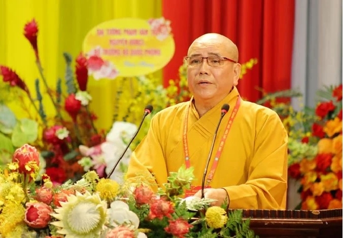Hòa thượng Thích Thanh Phụng, Ủy viên Hội đồng Trị sự, Trưởng ban Trị sự Giáo hội Phật giáo Việt Nam tỉnh Bắc Ninh phát biểu tại Đại hội
