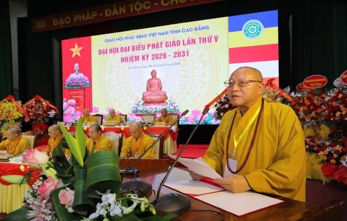 Hòa thượng Thích Gia Quang, Phó Chủ tịch Hội đồng Trị sự, Trưởng ban Trị sự Giáo hội Phật giáo Việt Nam tỉnh Cao Bằng phát biểu tại Đại hội