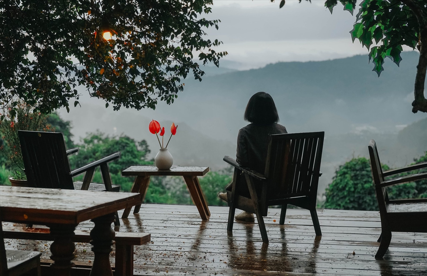 Một vài quán cafe ngắm mưa đẹp ở Đà Lạt có thể kể đến là Đợi Một Người - quán cafe nằm trên một ngọn đồi cao, ẩn sâu trong rừng, vi vu giữa đám thông xanh, thiết kế hoàn toàn từ gỗ với điểm đặc biệt căn nhà kính nổi giữa mặt hồ, bên trong đầy đủ bàn ghế, được trang trí như một quán cà phê thu nhỏ