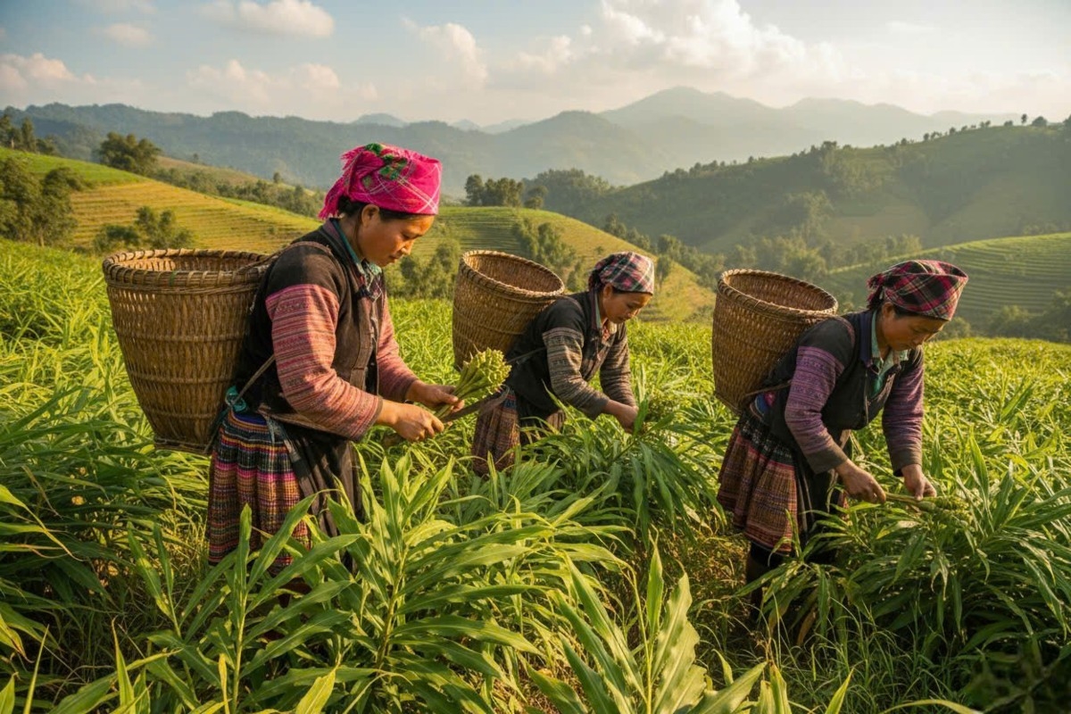 Phụ nữ dân tộc thiểu số ở vùng cao ở Nghệ An phấn khởi thu hoạch hoa gừng