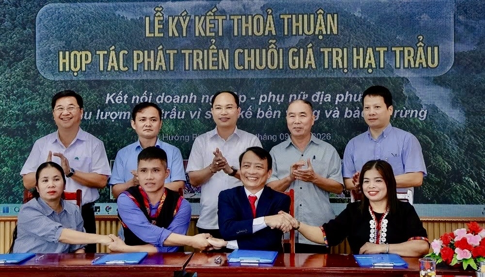 Các bên ký kết thỏa thuận hợp tác phát triển chuỗi giá trị hạt trẩu, tạo sinh kế gắn với bảo vệ rừng tại xã Hướng Phùng (ngày 7/9)